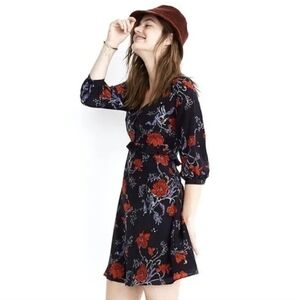 Madewell Navy Floral Silk Dress Size 0 Long Sleeve Fall Chic Style Mini Length